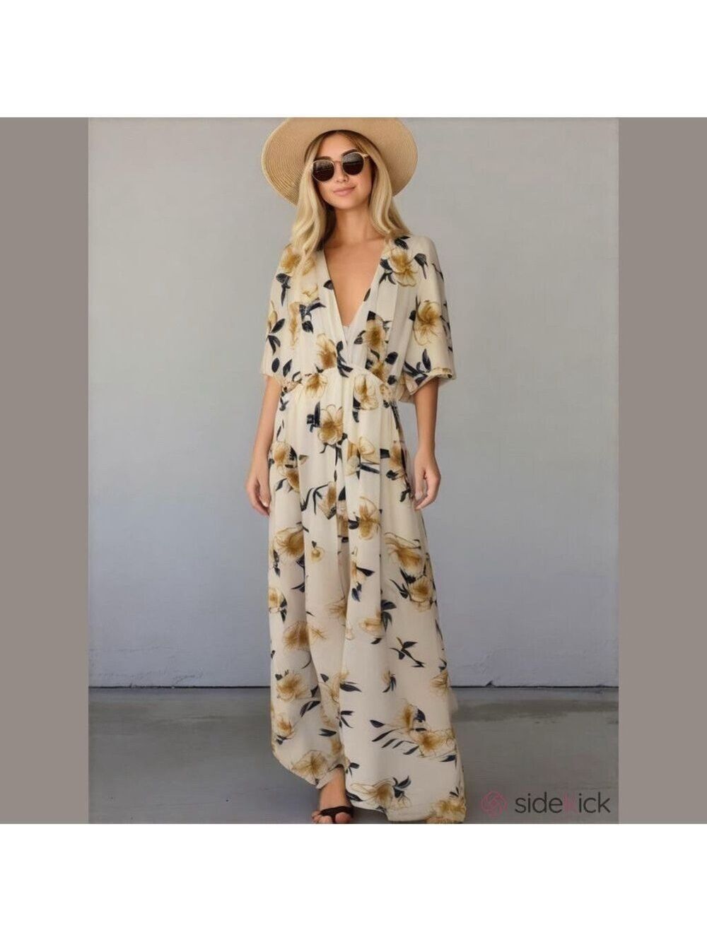 FAVLUX Cream Floral Maxi Dress with Yellow Blooms